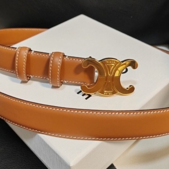 Celine Tan Leather Belt with Gold Buckle - Picture 1 of 6